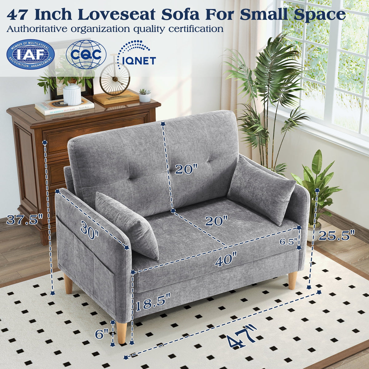 BedLuxury 47'' Wide LoveSeat, 2-seat Chenille sofa with 2 Pillows for Living Room and Small Spaces, Dark Grey