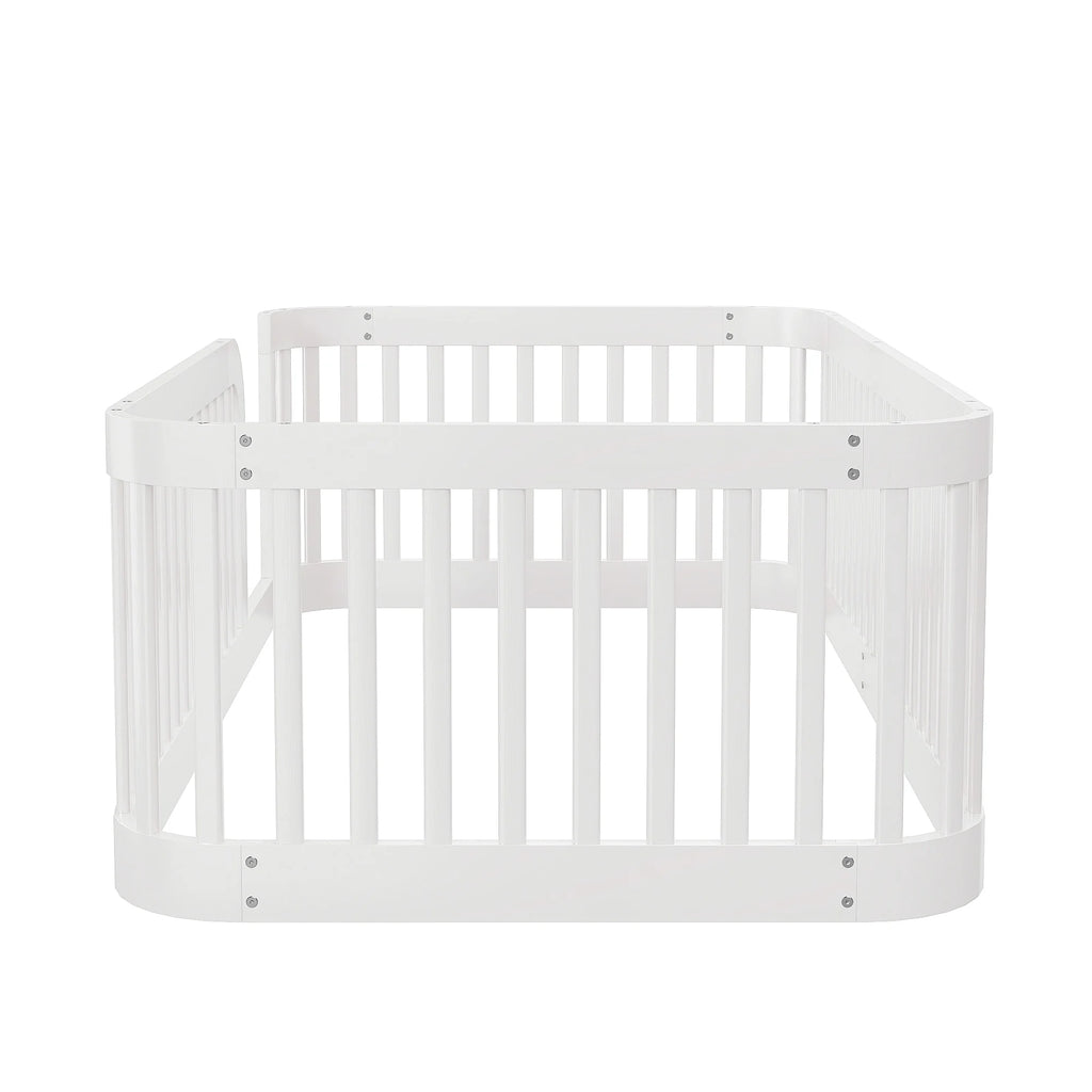 Euroco Twin Size Floor Bed with Fence for Kids Teens and Toddlers, White