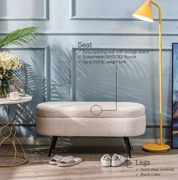 Metal and White Boucle Storage Bench Modern Design Style Entryway