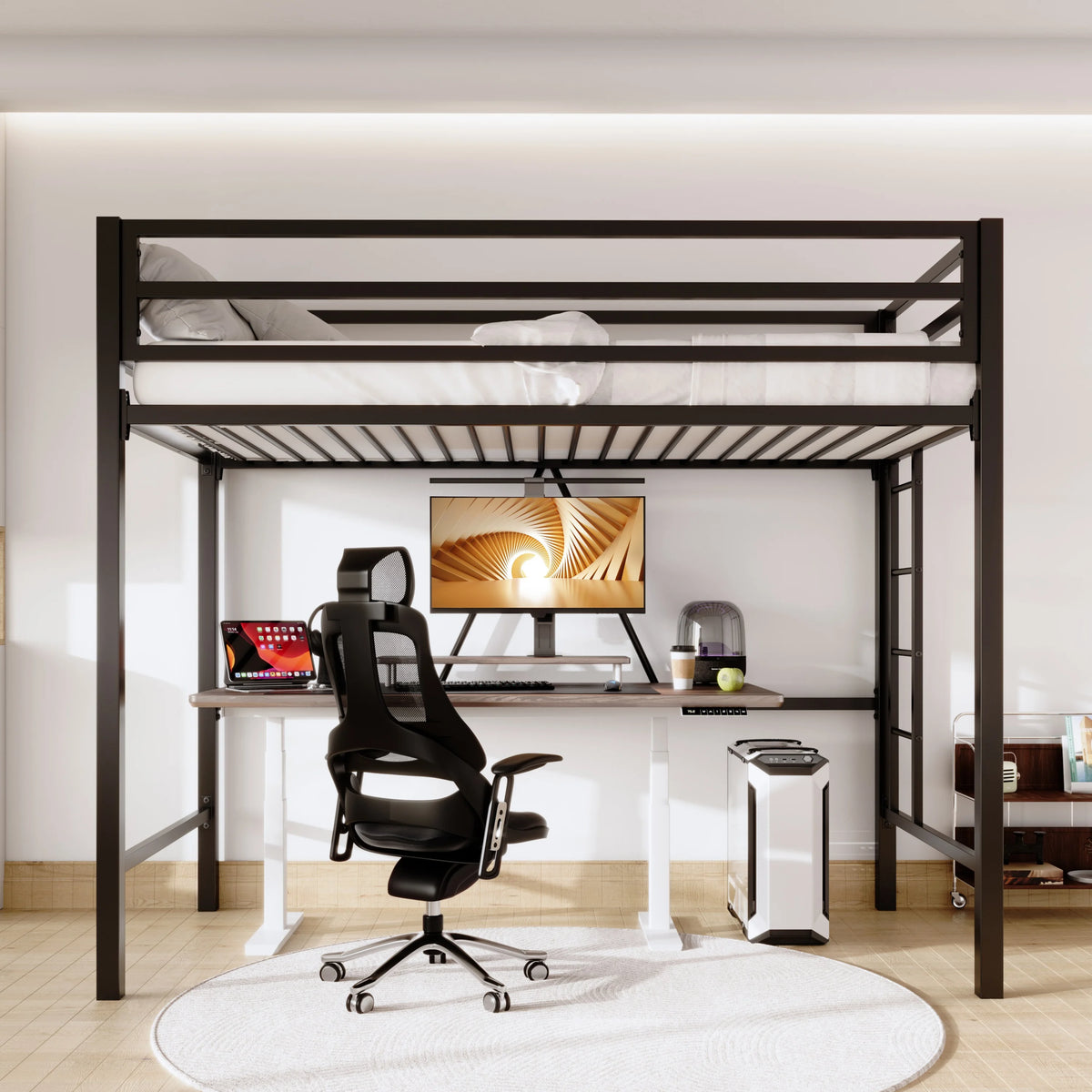 Sifurni Black Heavy Duty Twin Size Metal Loft Bed with Full-Length Guardrail & Removable Stairs