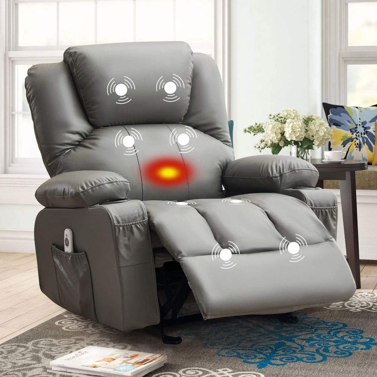 JONPONY Manual Recliner Chair with Heat Therapy and Massage Function, Heavy Duty Reclining Mechanism Massage Chair, Elderly Single Rocker Sofa with Cup Holders for Bedroom Home Theater,Black