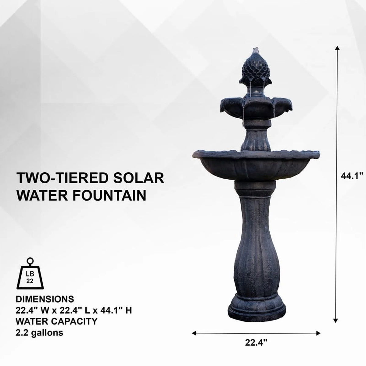 XBrand 44" H Black Fiberglass/Resin 2-Tier Solar Water Fountain w/ Solar Panel and Auto-Shut Off Pump, Solar Garden Fountain, Tall Outdoor Fountain, Two Tiered Birdbath Fountain