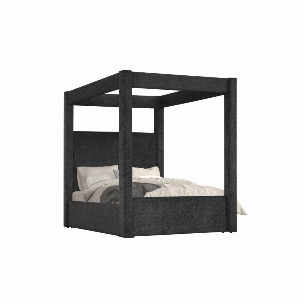 Modern Black Upholstered Canopy Bed California King Size Platform Bed, Bedroom Furniture Wooden Bed
