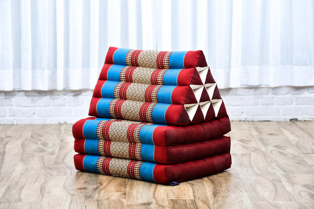 Leewadee - Comfortable Japanese Floor Mattress - Thai Floor Bed With Triangle Cushion - Futon Mattress - Thai Massage Mat,  Blue Red, Kapok Filling