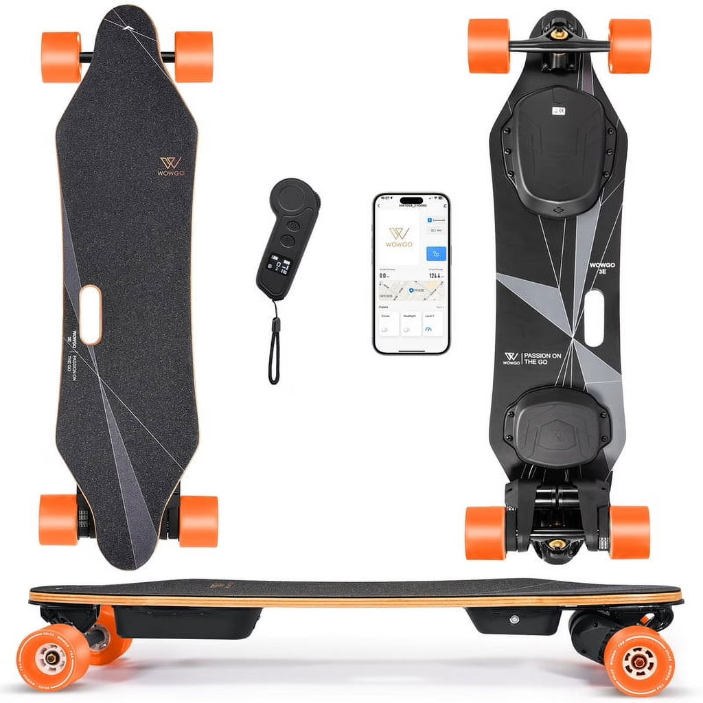 Wowgo 3E Electric Longboard Portable lightweight E Skateboard with Dual Motors Belt, Black, 330ib