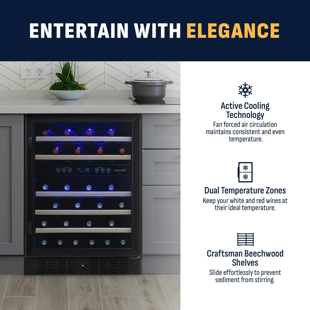 Newair 24-inch 46 Bottle Wine Cooler Refrigerator, Built-in Dual Zone Wine Fridge in Black Stainless Steel for Home, Office or Bar