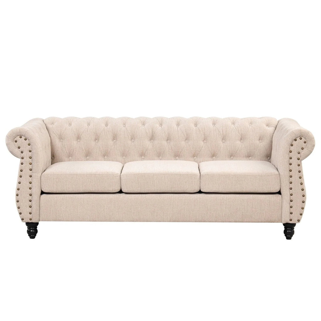 Classic 3 Seater Button Tufted Sofa, Upholstered Couch with Nailhead Rolled Arms Removable Cushions for Living Room Office Bedroom