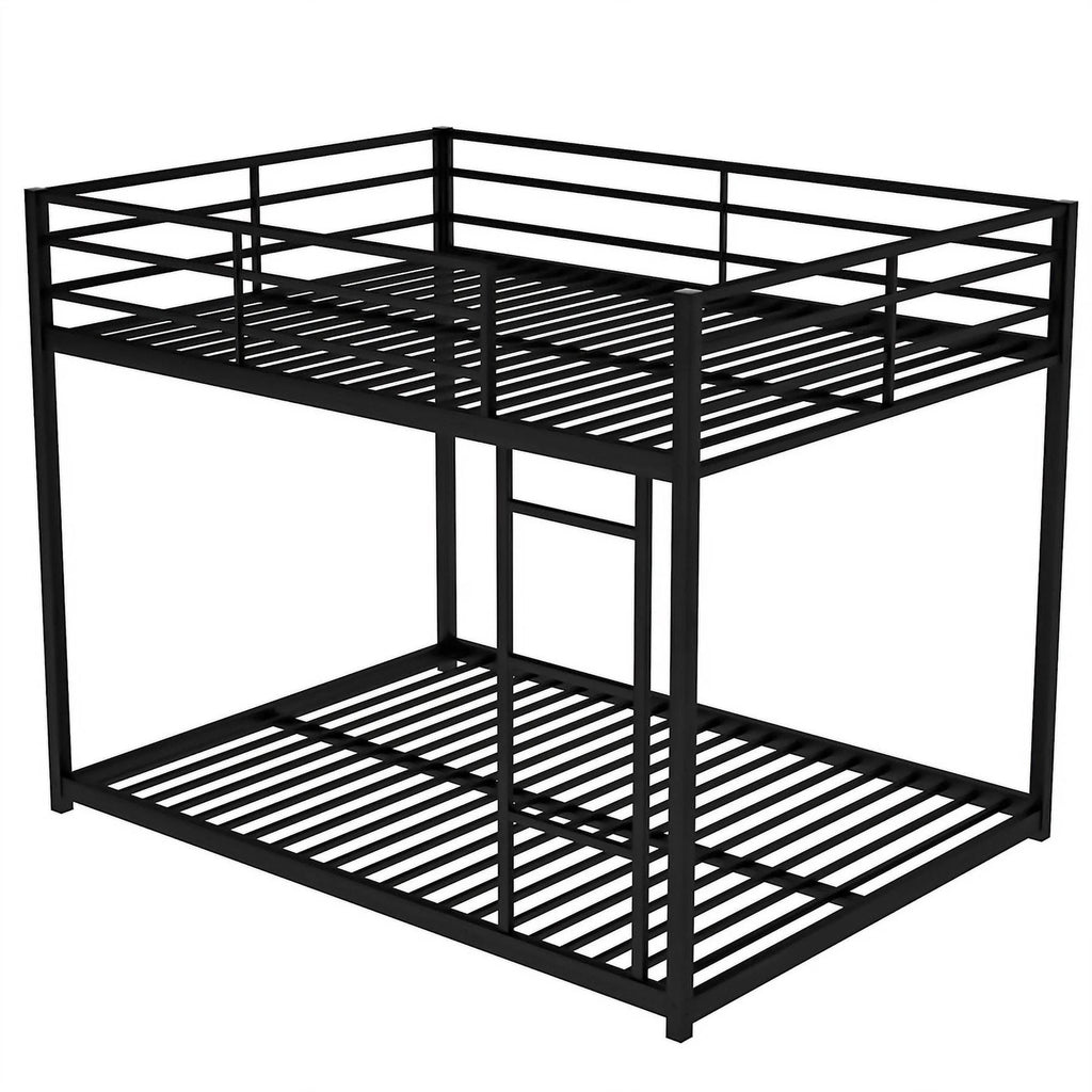 Full Over Full Metal Low Bunk Bed for Kids Teens Adults, Modern Black Bunk Bed with Heavy Duty Metal Frame, Ladder and Safety Full-Length Guard Rails, Space-Saving