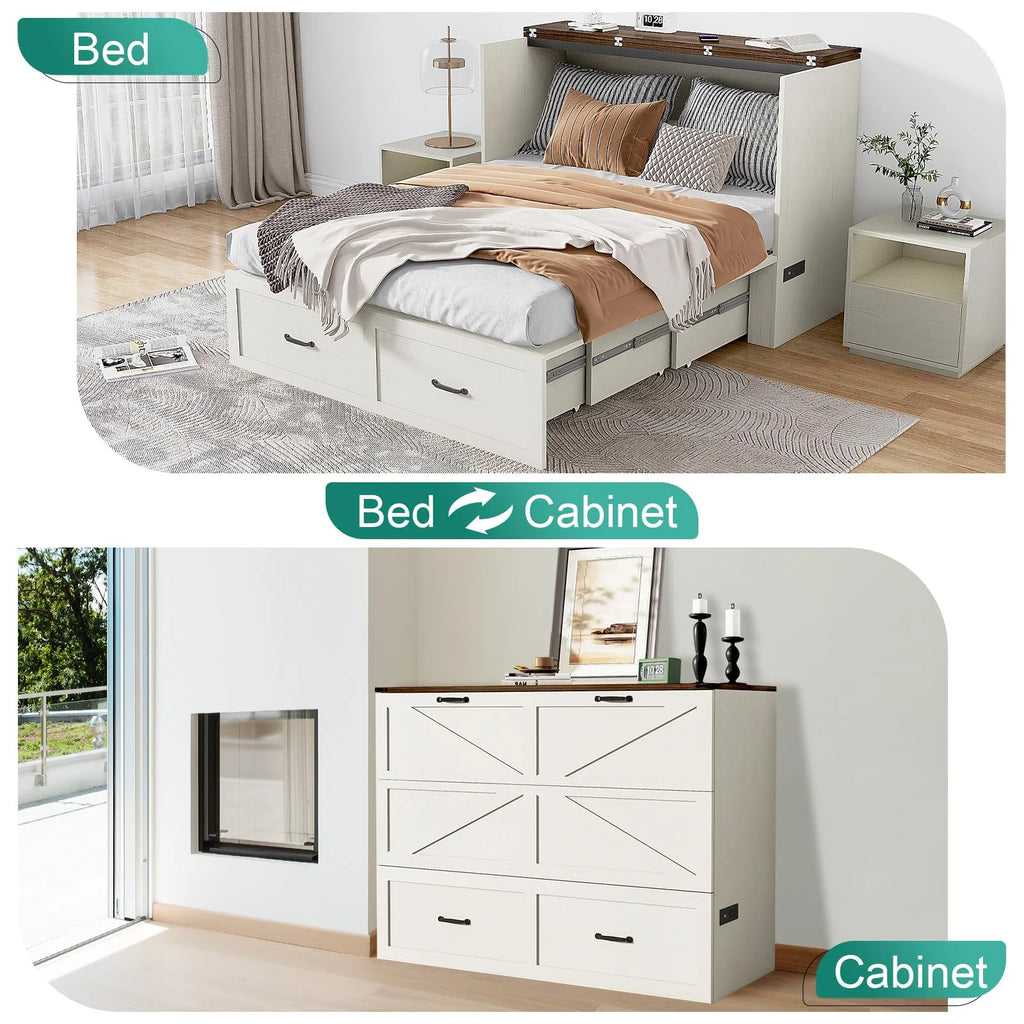 ANPOO Full Size Murphy Chest Bed with Drawer and Power Outlets, Farmhouse Wood Hidden Folding Bed Chest w/2 Storage Drawers, Multifunctional Storage Cabinet Bed for Bedroom,White