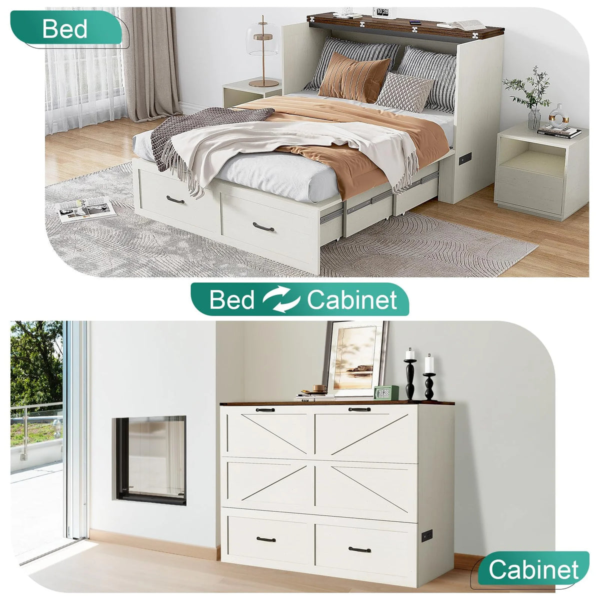 ANPOO Full Size Murphy Chest Bed with Drawer and Power Outlets, Farmhouse Wood Hidden Folding Bed Chest w/2 Storage Drawers, Multifunctional Storage Cabinet Bed for Bedroom,White