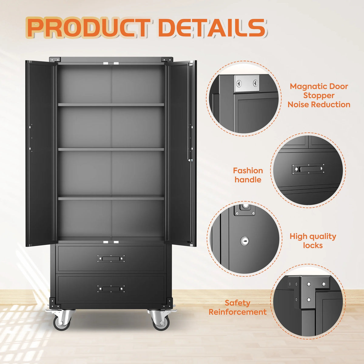 GangMei 71 Inches Tall Metal Garage Storage Cabinets with 5 Adjustable Shelves & Pegboards, Lockable Steel Black Storage Cabinet with Doors for Office, Home, School, Shops, Garage, Assembly required
