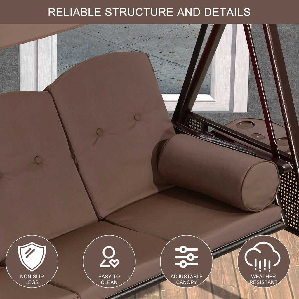 PURPLE LEAF 3-Seat Deluxe Outdoor Patio Porch Swing with Weather Resistant Steel Frame, Adjustable Tilt Canopy, Cushions and Pillow Included, Terra