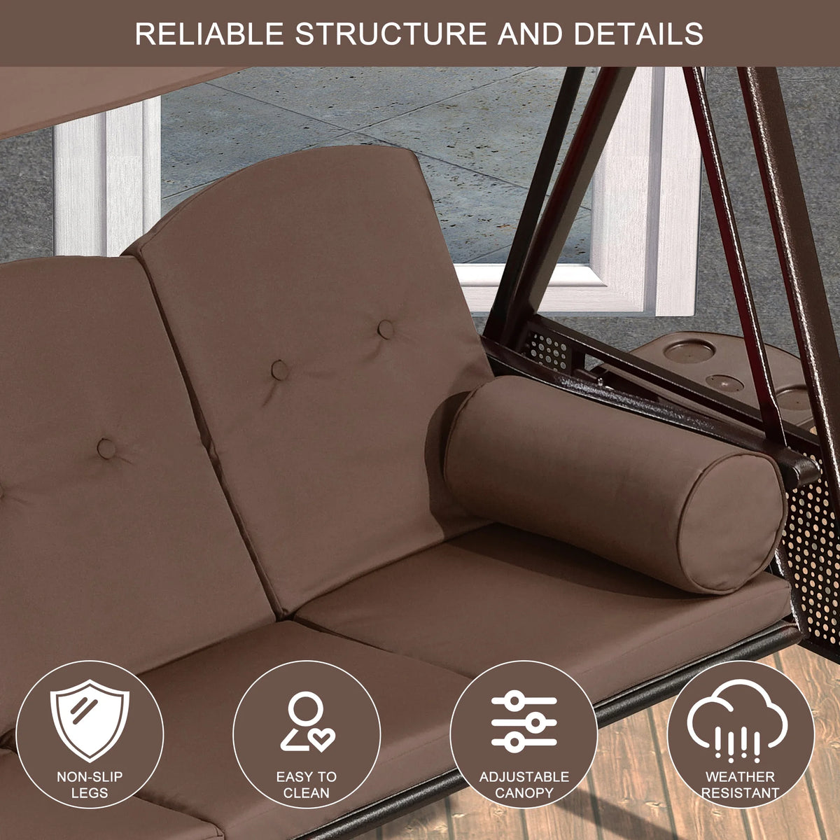 PURPLE LEAF 3-Seat Deluxe Outdoor Patio Porch Swing with Weather Resistant Steel Frame, Adjustable Tilt Canopy, Cushions and Pillow Included, Terra