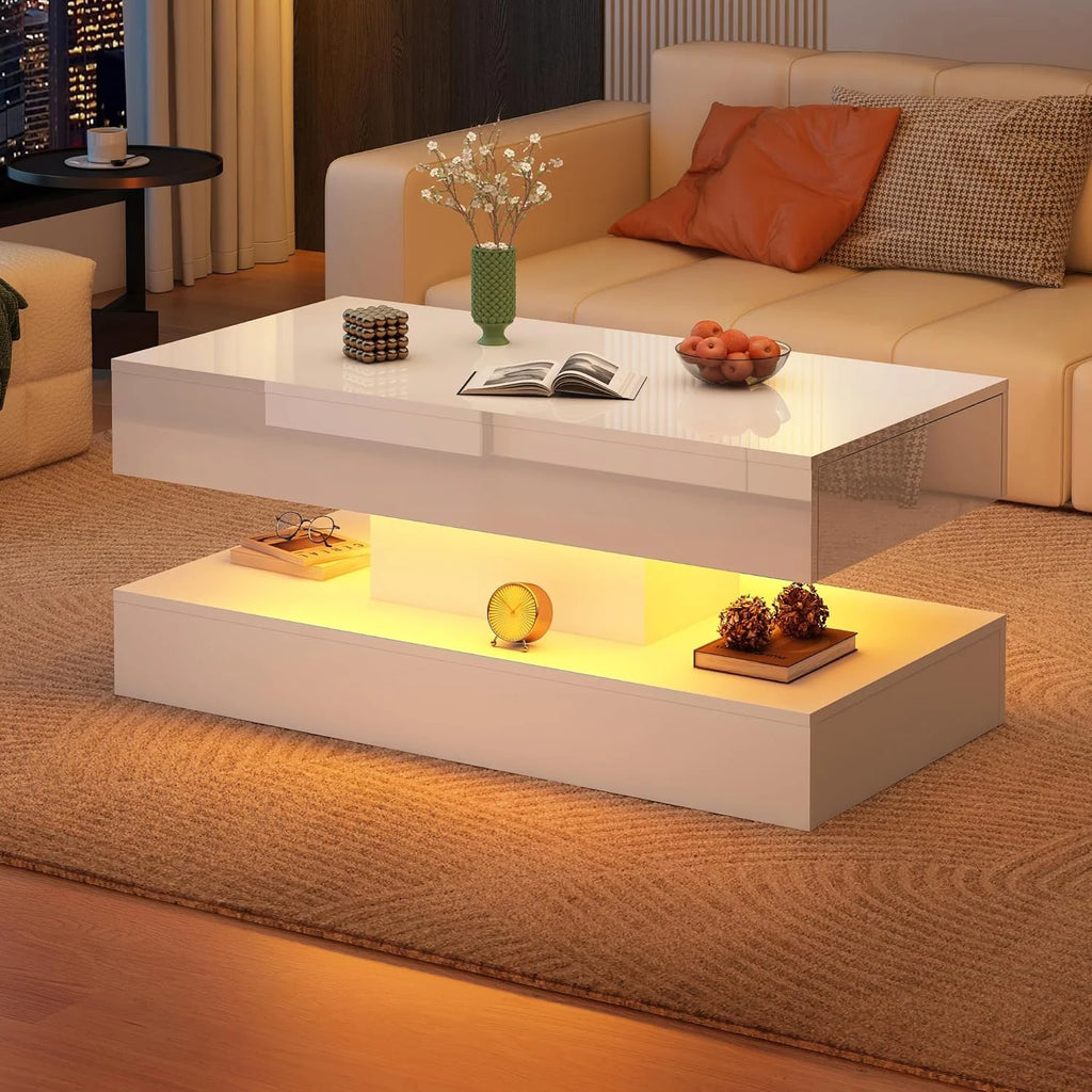 ChVans Large Black LED Coffee Table with 2 Storage Drawers, Modern High Gloss Coffee Table w/20 Colors LED Lights/APP Control, 2 Tiers Rectangle Large Living Room Furniture w/Marbling Print(47.3")