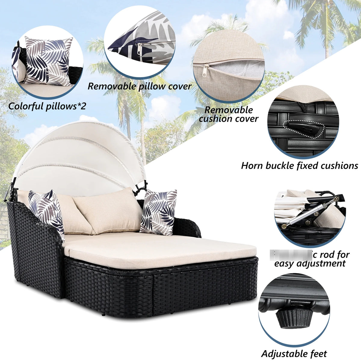 Outdoor Sun Lounger With Adjustable Canopy And Relaxing Pillow - Pe Black Blue Cushion 79.9" Daybed Cozy