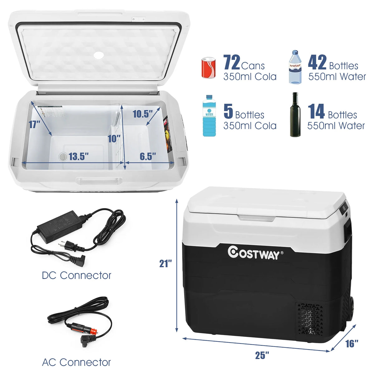 Costway 42 QT Portable Car Refrigerator Dual-Zone Car Cooler White