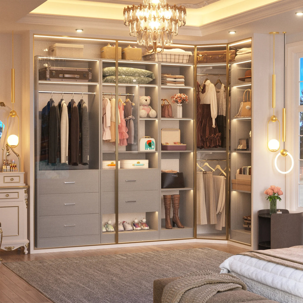 Homieasy Freestanding Closet System with 3 Sets, 87.2" Closet Organizer System with 5 Drawers & 4 Hanging Rods, Reversible L Shaped Walk-in Closets, Black