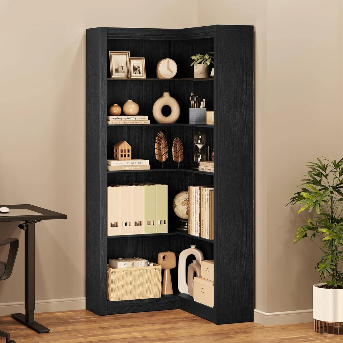 Studyset Corner Bookshelf Farmhouse Corner Bookcase 71.8'' Tall Bookcase, L-Shaped Large Display Shelf 5 Tier L-Shaped Bookshelf Large Shelf w/Anti-Tipping Kit, Bookcases with Storage Heavy Duty