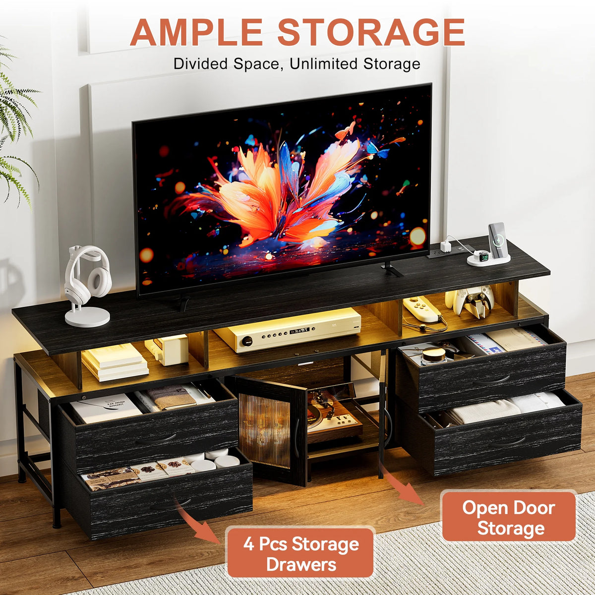 GUNAITO TV Stand for TV up to 70", Big TV Stand for Living Room Entertainment Center with LED Lights and 4 Fabric Drawers , Black