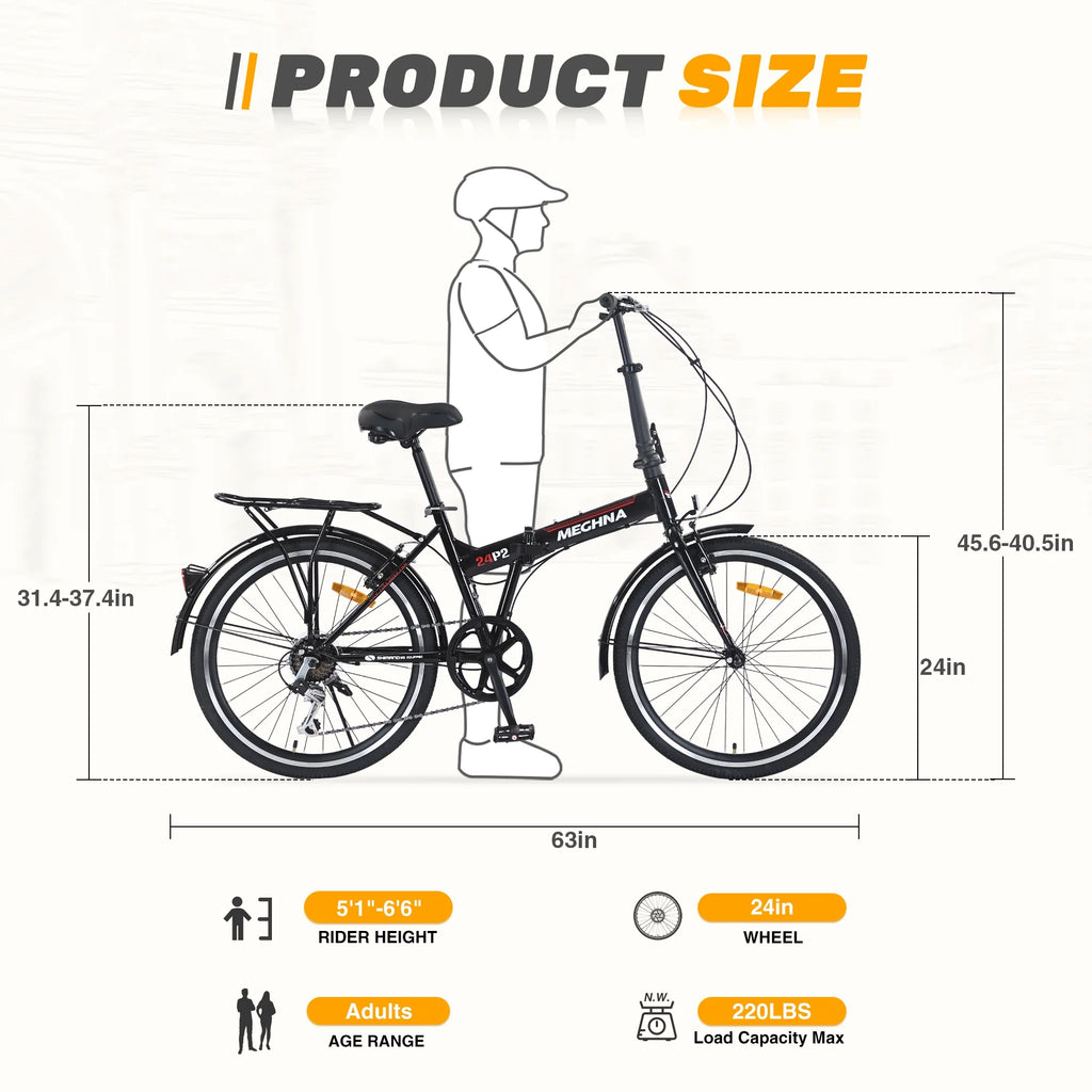Meghna 24 inch Folding Bike 7 Speed V Brake City Commuter for Men Women Daily Commuting Black
