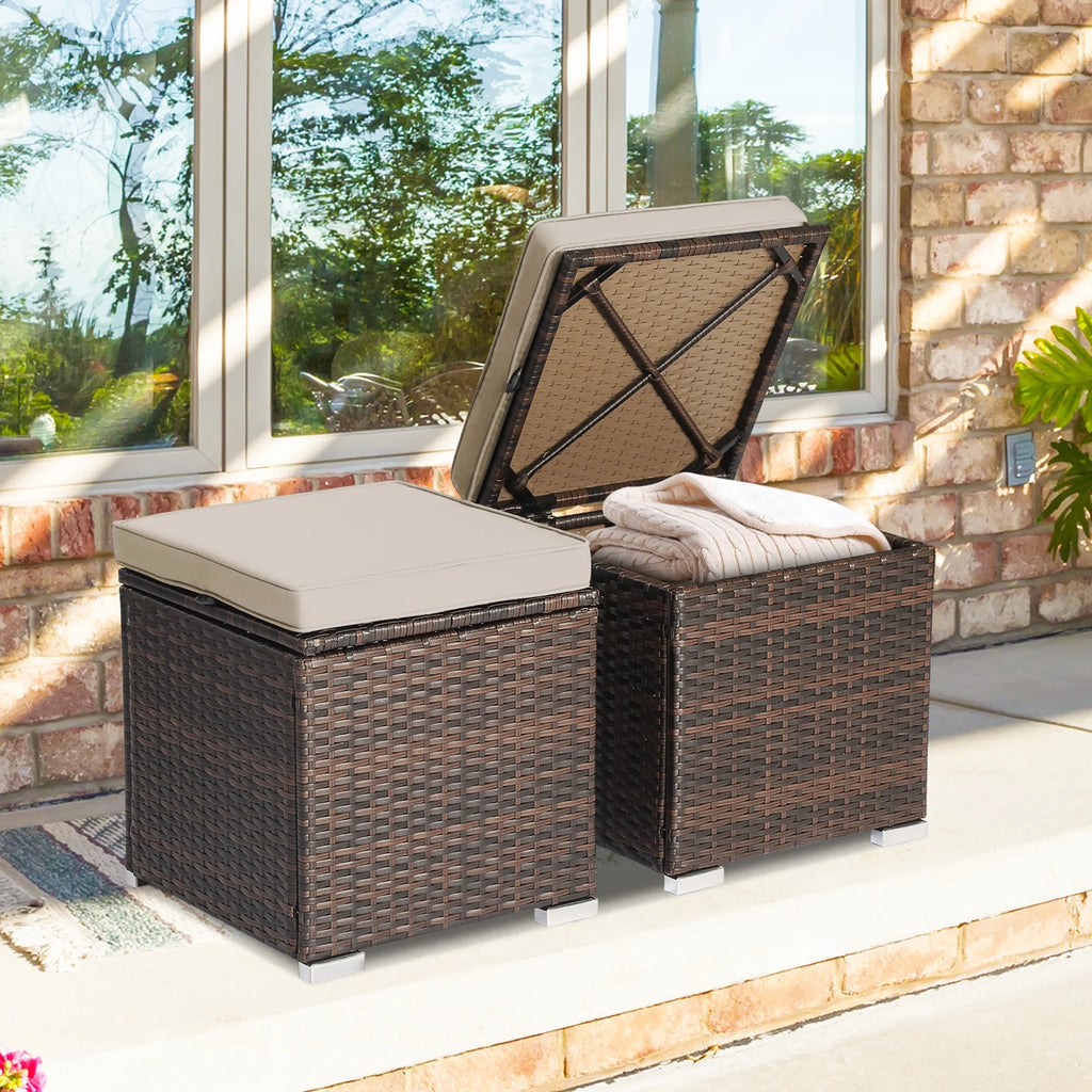 Costway 2PC Patio Rattan Ottoman Seat Side Table Storage Box Footrest Off White