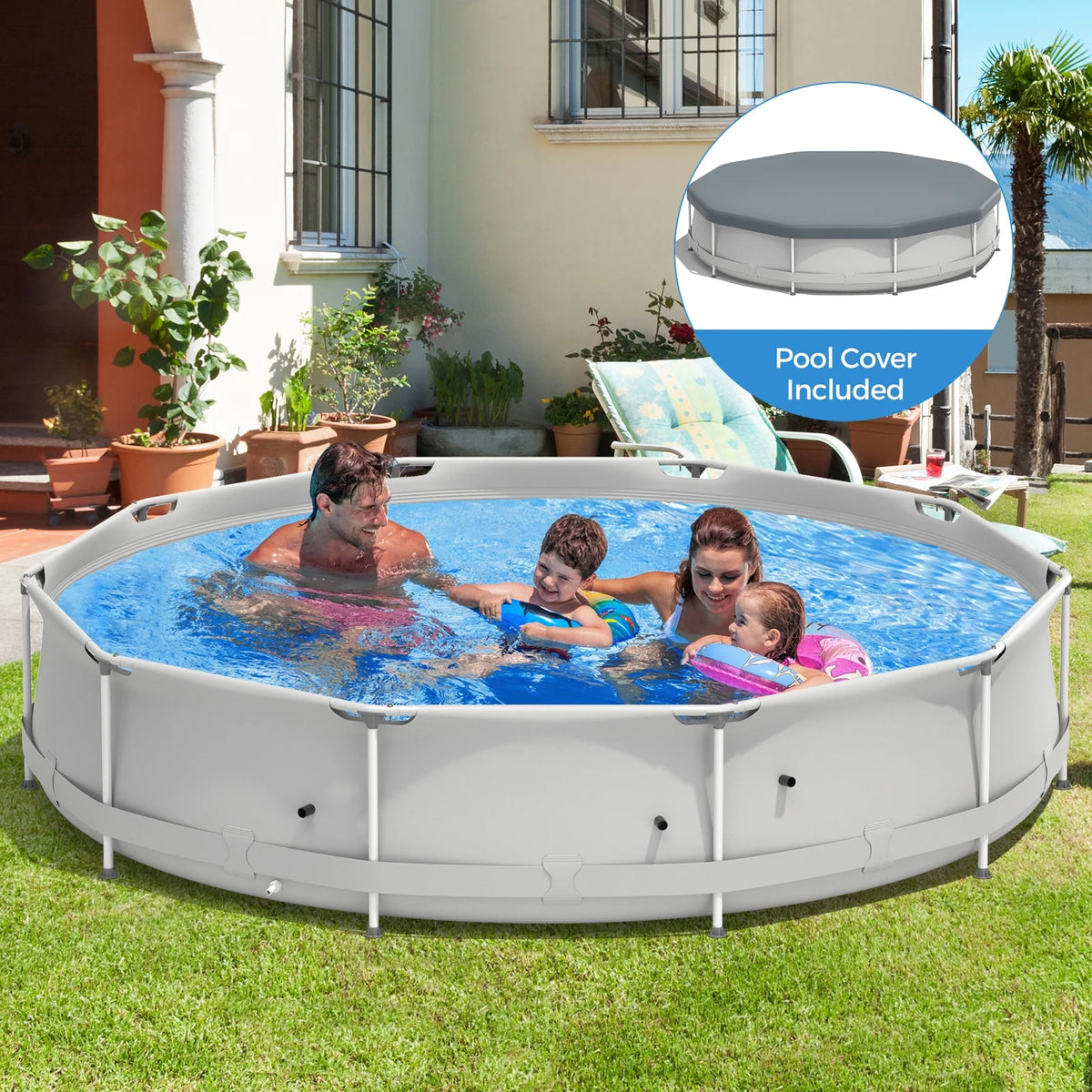 Infans Round Above Ground Swimming Pool Patio Frame Pool W/ Pool Cover Iron Frame Blue