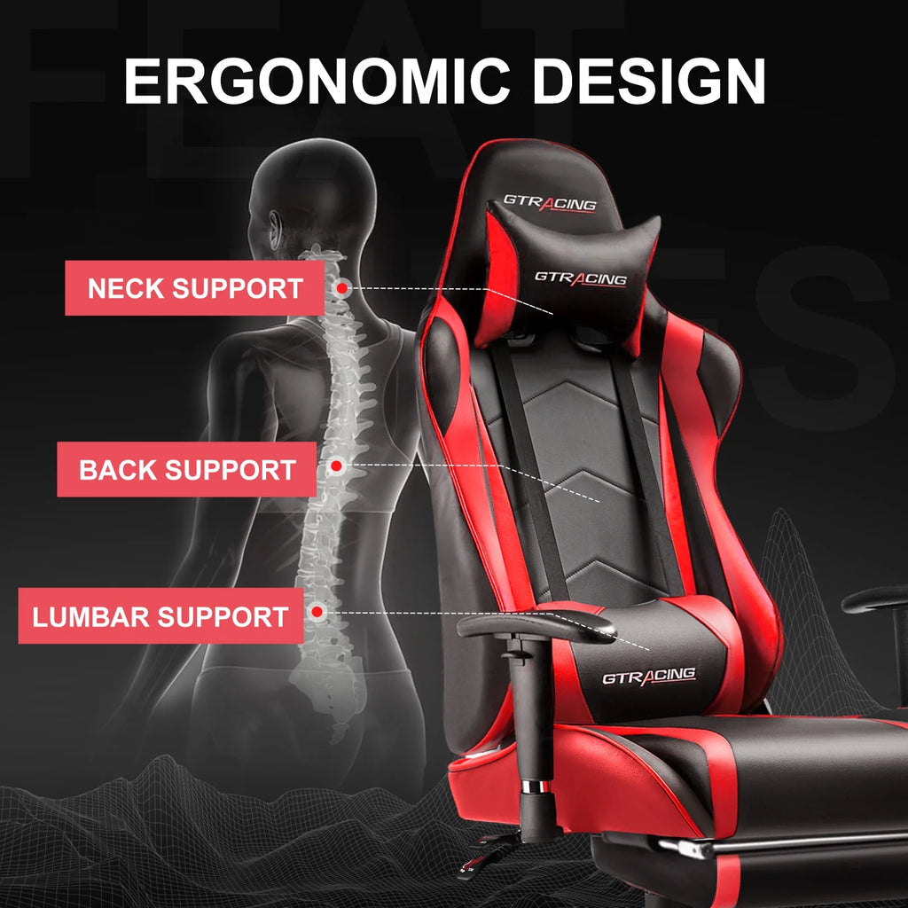 GTRACING Gaming Chair, Ergonomic Office Desk Chair with Lumbar Support, PU Leather, Footrest & Adjustable Headrest, Red