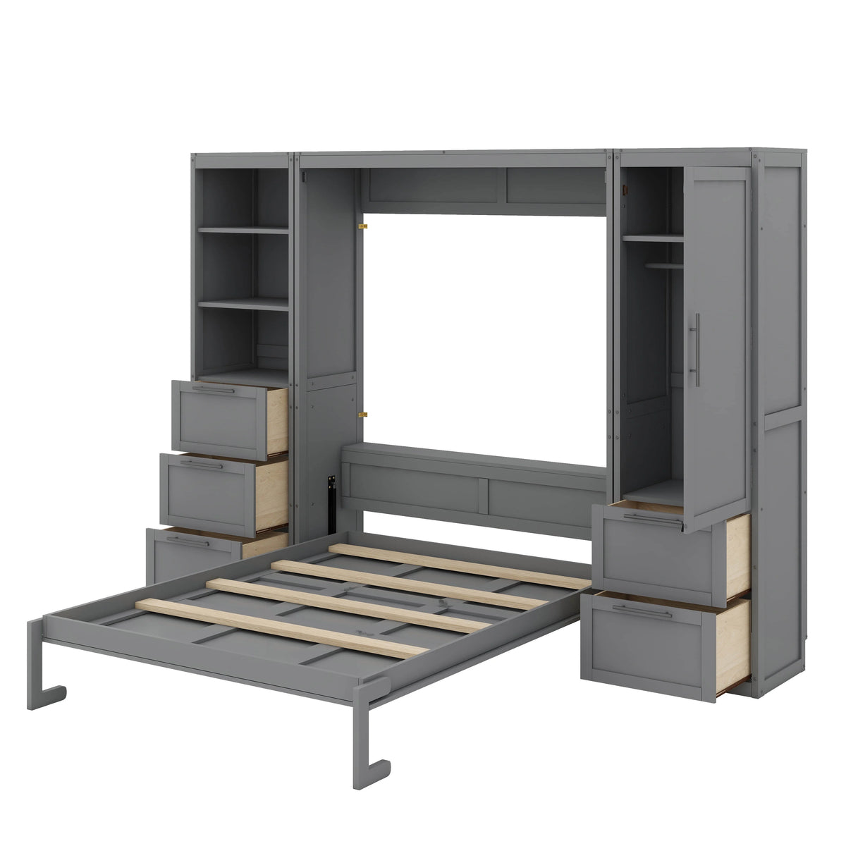 YunNianYang Queen Size Gray Murphy Bed Wall Bed with Closet ,Drawers and Shelves
