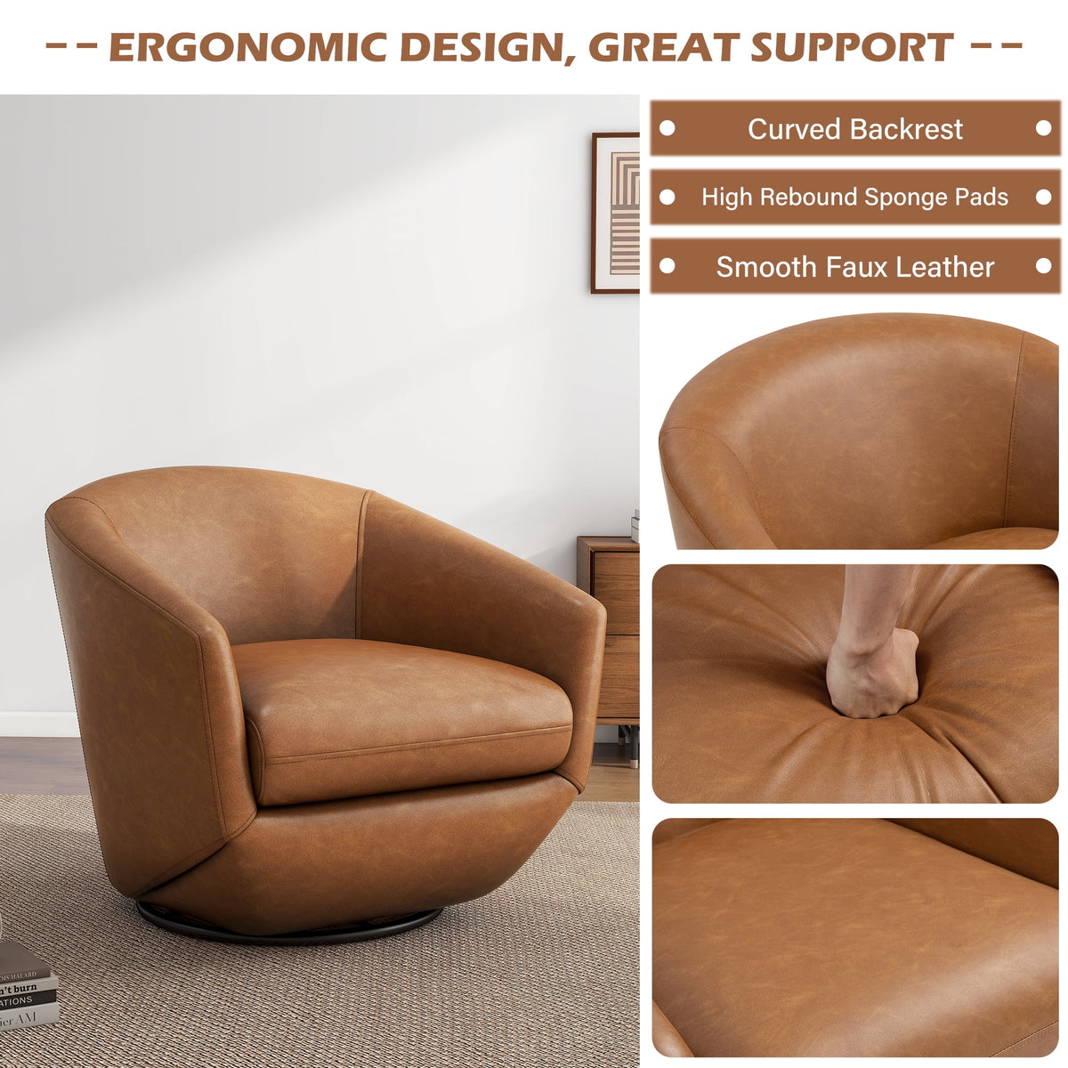 DREAMSIDEA Faux Leather Swivel Accent Chair Sets of 2 360 Swivel Barrel Chair,Swivel Club Sofa for Living Room, Bedroom, Office,Brown
