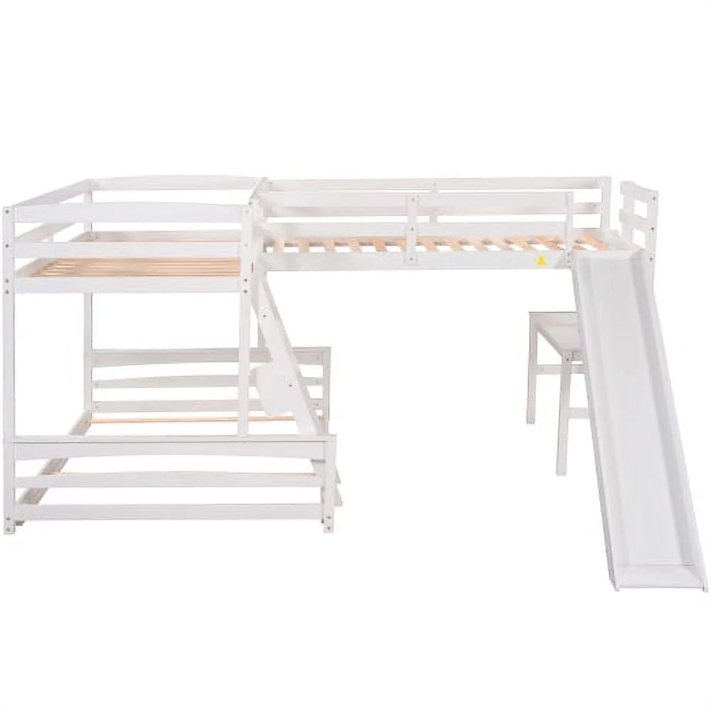 L Shaped Triple Bunk Bed for 5, Twin Over Full Bunk Bed and Twin Size Loft Bed with Built-in Desk, and Slide,Full-Length Guardrail, White