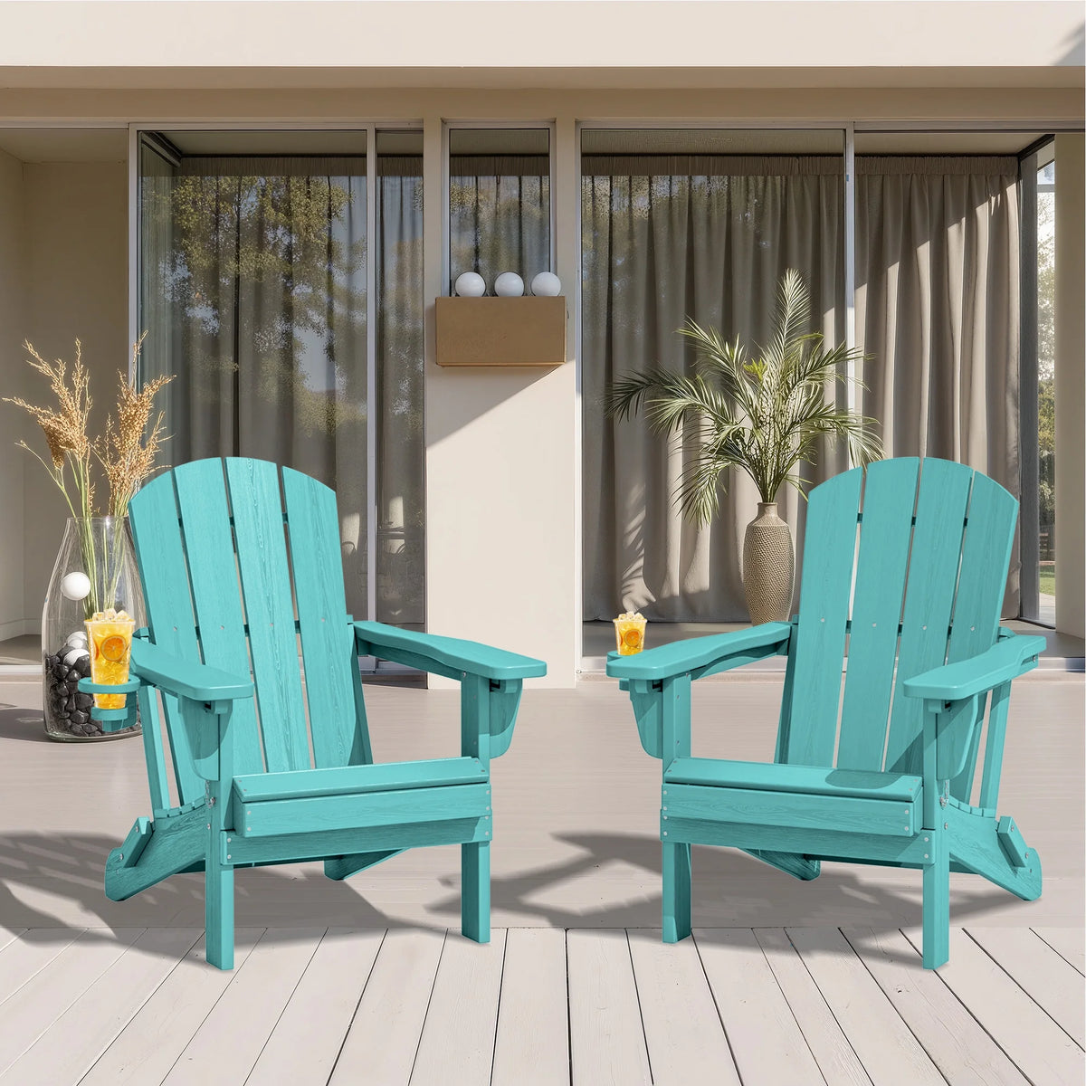 SERWALL Outdoor Adjustable Folding HDPE Adirondack Chairs Set of 2 with Cup Holder, Gray