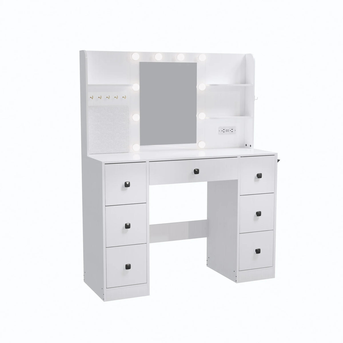 Cottinch Vanity Desk 3 Color Lighted Mirror,Makeup Dressing Table with 4 Drawers and Storage Shelves,2 Outlets,2 USB Ports,White