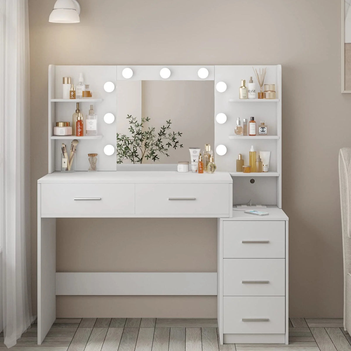 Makeup Vanity with Mirror and Lights,3 Lighting Colors,Bedroom Vanity Table with Charging Station,White Make Up Desk with 5 Drawers Storage and Open Shelves