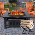 Fire Pits for Outside, 32" Wood Burning Fire Pit Tables with Firewood Rack, Screen Lid, Poker, BBQ Net, Food Clip and Cover, Backyard Patio Garden Outdoor Fire Pit BBQ Fire Pit, Black