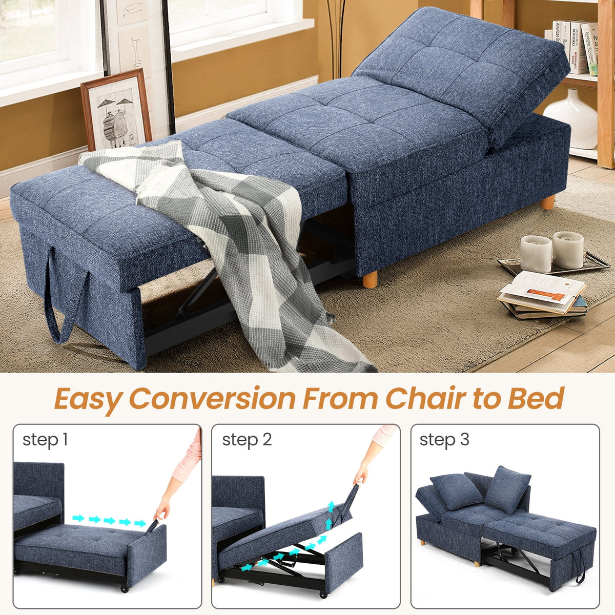 SEJOV 4-in-1 Convertible Sleeper Chair Bed, Linen Sofa Bed for Small Space, Futon Sofa with 2 Throw Pillows for Living Room, Single Recliner with 5 Adjustable Backrest for Bedroom Apartment, Brown