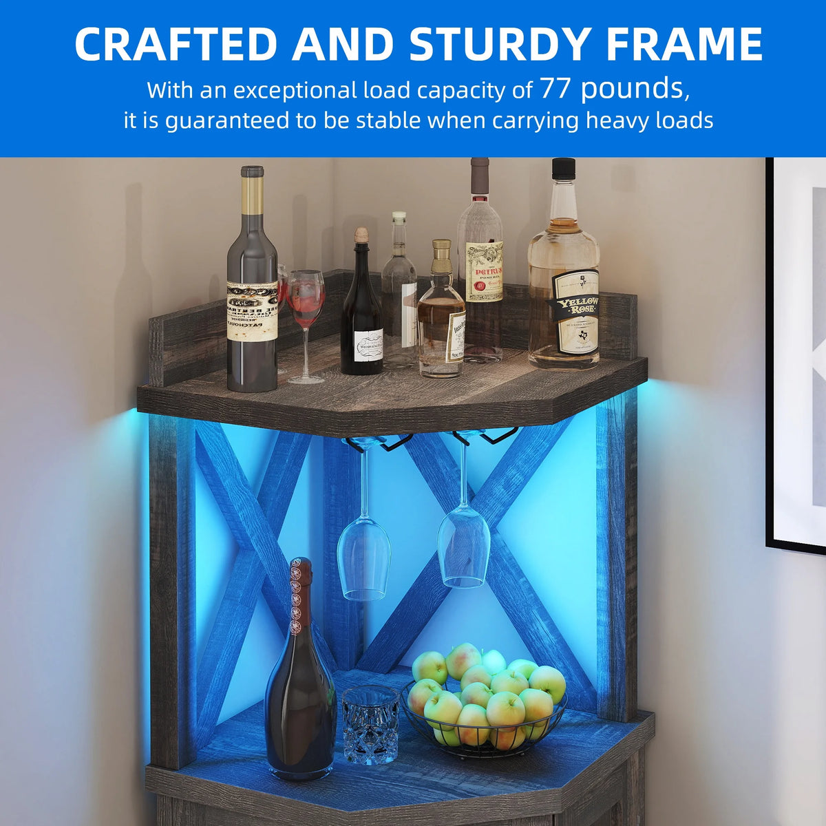 DEXTRUS 72" Corner Bar Unit, 3 Tier Freestanding Wine Bar Cabinet with LED Lights & Glass Holder & Adjustable Shelf, Black Oak