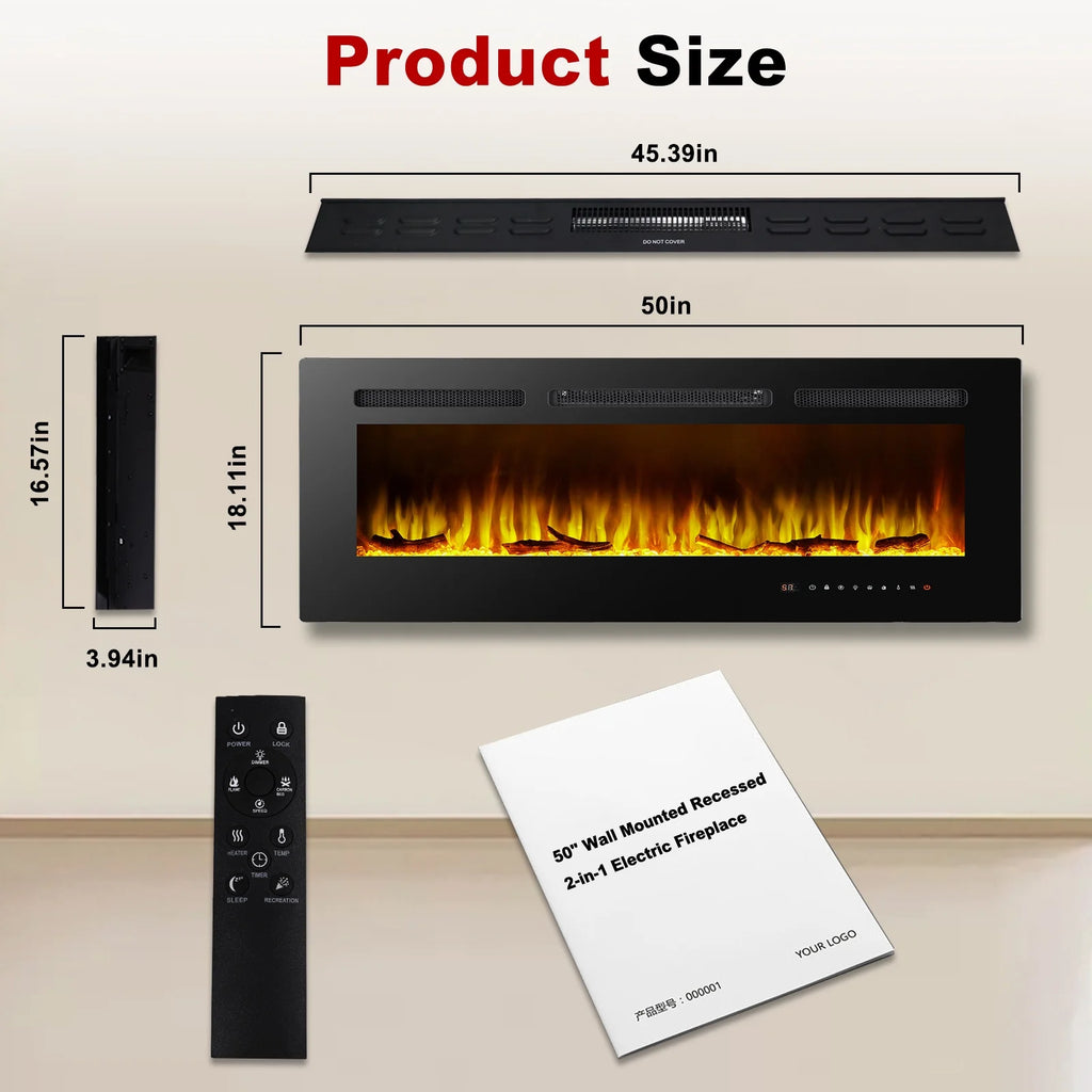 60" Electric Fireplace, Ultra-thin Recessed and Wall Mounted Fireplace, Linear Fireplace with Timer Remote Control Adjustable Flame Color 750w/1500w Black