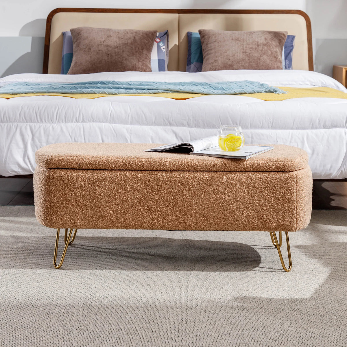 Syngar Entryway Bench with Storage for Bedroom, Living Room, and End of Bed, Faux Fur Ottoman Foot Rest with Storage,Upholstered Bench with Storage with Metal Leg,Ivory