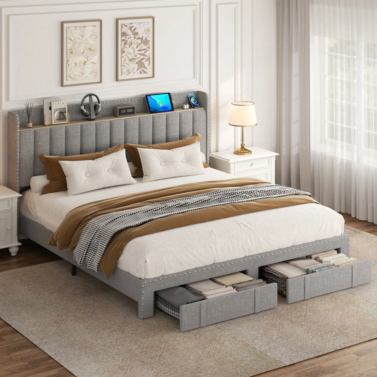 Lijimei Queen Bed Frame With Headboard And Storage, Platform Bed Frame Full Size With 2 Drawers, Upholstered Full Size Bed Frame With Storage, Built-in Charging Station, Beige