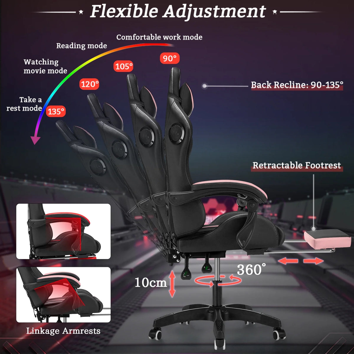 Hoffree Gaming Chair with Bluetooth Speakers and Footrest Massage Office Chair with LED Lights Ergonomic Game Chair High Back with Lumbar Support and Headrest Adjustable Swivel for Adults 300lb