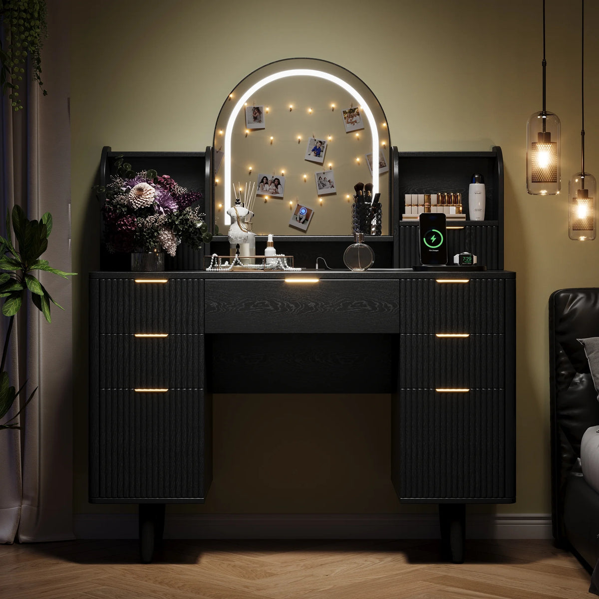 UGTOO 45.2" Modern Vanity Desk with LED Mirror & USB Charging, Wood Makeup Dressing Table with 7 Drawers for Bedroom