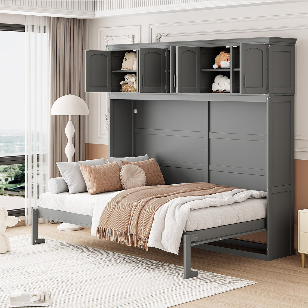 Newest Queen Size Murphy Bed Wall Bed with Top Cabinets,Gray
