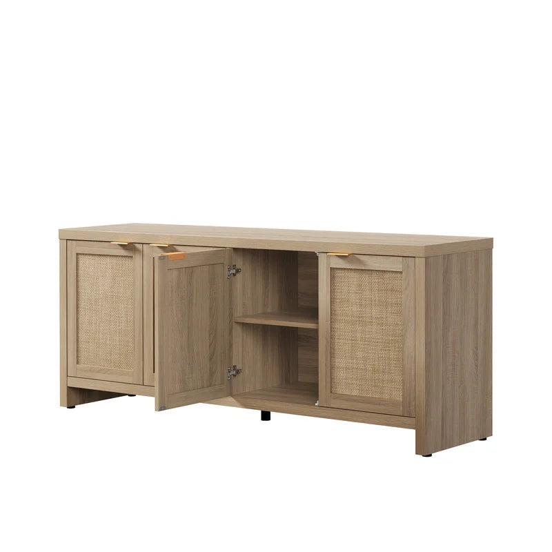 SICOTAS 61.5"W Rattan TV Stand with 4 Doors, Boho Entertainment Center with Adjustable Shelves & Spacious Countertop Large Boho Farmhouse Media Console for Living Room, Reclaimed Caramel Oak