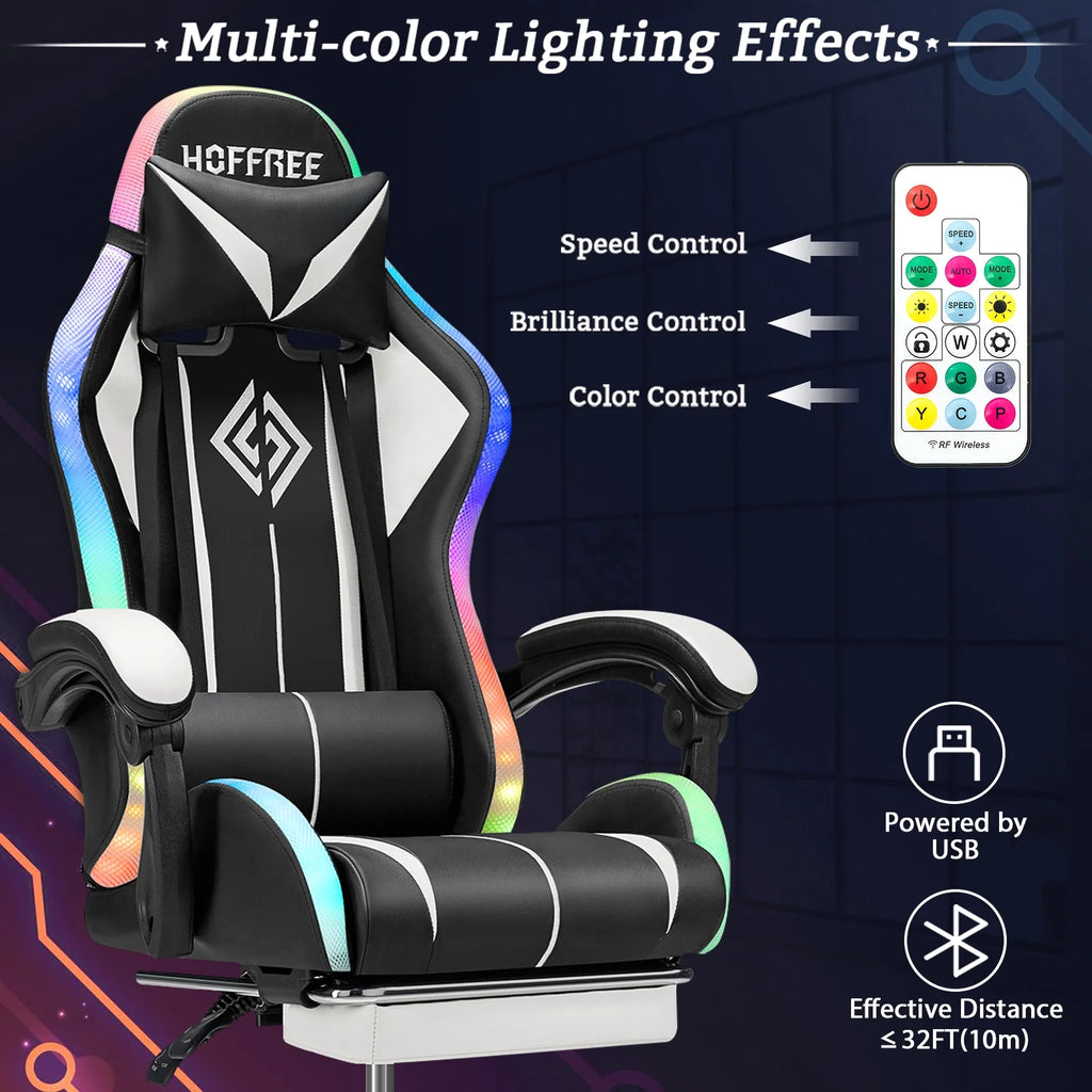 Hoffree Gaming Chair with Bluetooth Speakers and Footrest Massage Office Chair with LED Lights Ergonomic Game Chair High Back with Lumbar Support and Headrest Adjustable Swivel for Adults 300lb