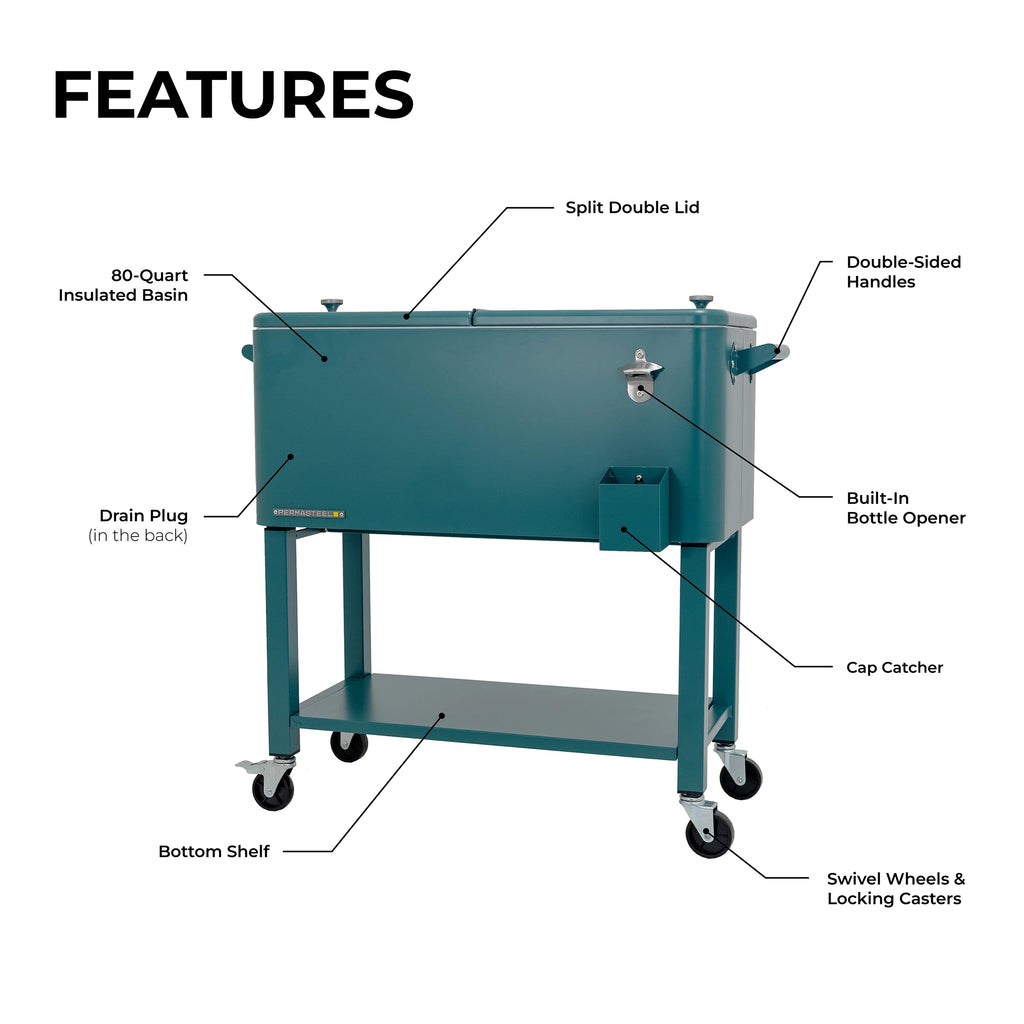 Permasteel 80-Qt Outdoor Steel Patio Cooler with Removable Basin, Rolling Cooler with Wheels, Teal Green