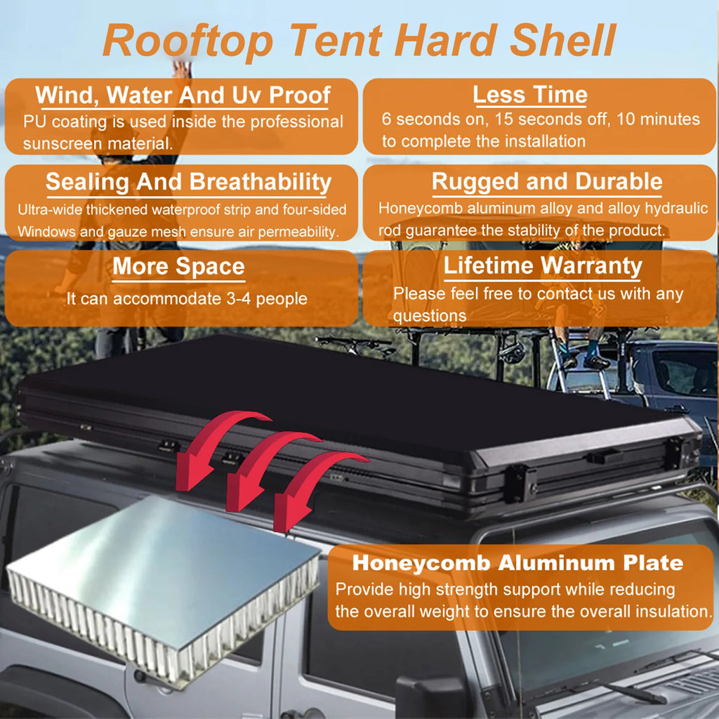 Rooftop Tent Hard Shell - Outdoor Car Camping 2-3 Person Truck, Sedan, SUV, Waterproof, Teardrop, Windproof, Sturdy, Easy Up Roof for SUV Road Trip Essentials Overland, Large, Black
