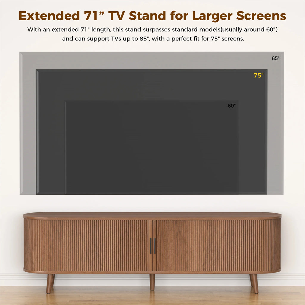 Planntonneo Mid-Century Modern Fluted TV Stand Wooden Media Console Entertainment Center for Living Room, Walnut Color