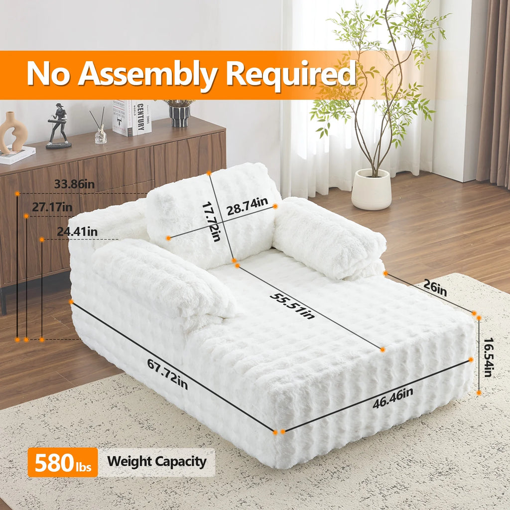 Ktaxon 68" Lounge Chair, Bubble Fleece Fabric Sofa Bed, Boneless Sleeper Chaise with Removable Backrest & Pillow-Top Armrests for Living Room White