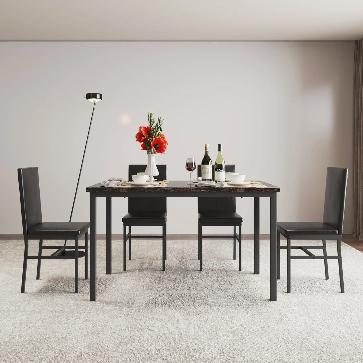 5 Piece Dining Set, Modern Dining Table and Chairs Set for 4, Counter Height Bar Table Set, Modern Pub Table with 4 Velvet Fabric Cushioned Stools, Faux Marble Dining Table & Stools Set, D9297