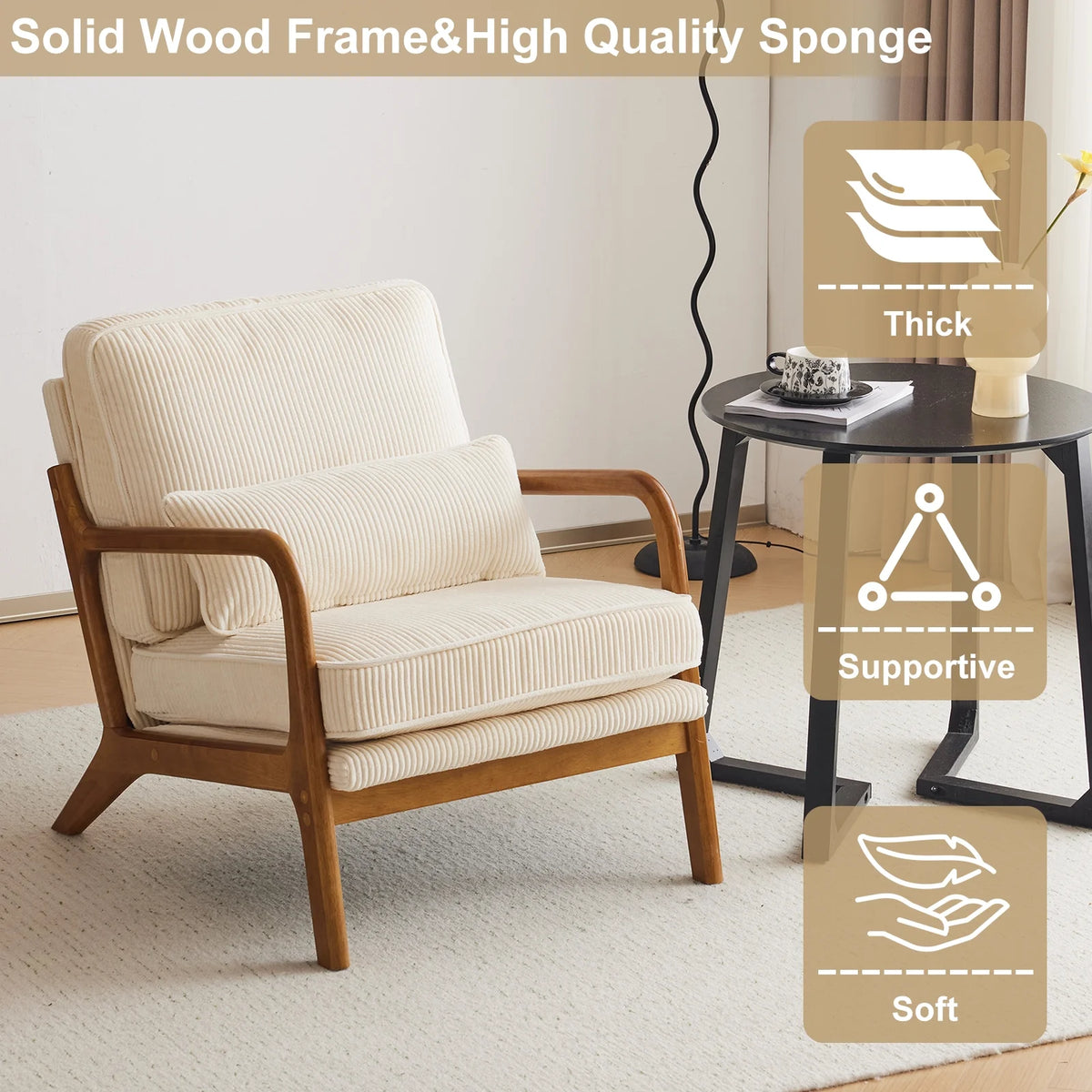 Ktaxon Accent Chair Corduroy Upholstered Armchair, Reading Club Chair with Pillow and Solid Wood Frame for Living Room Bedroom Furniture Off White